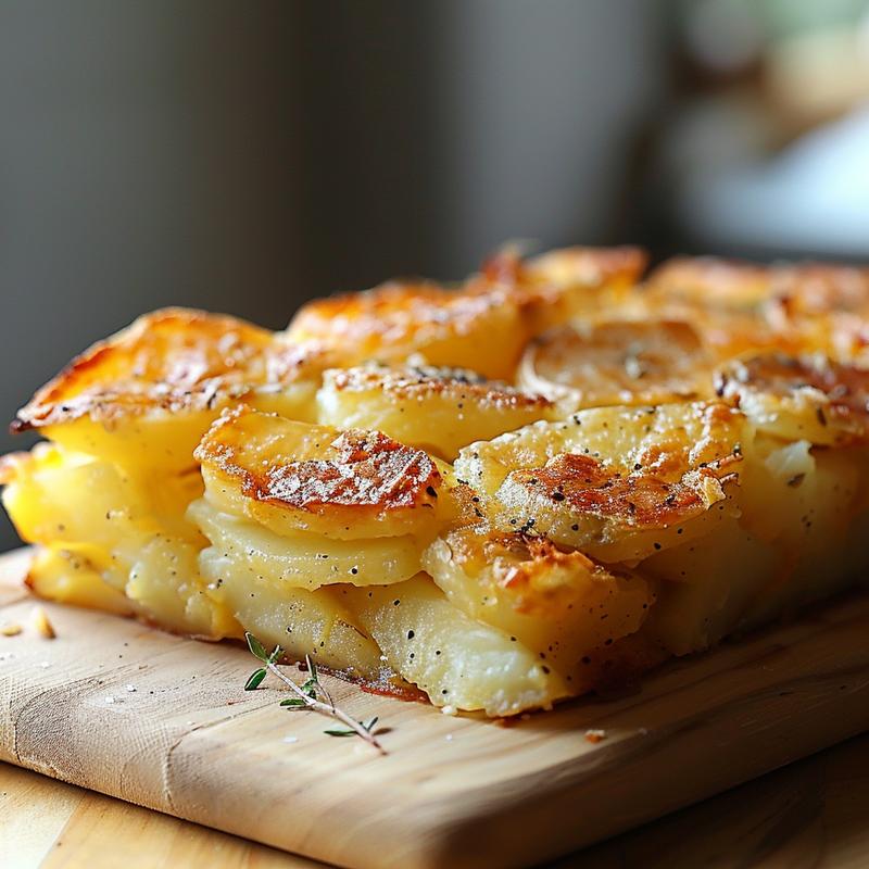 Close-up of a golden-brown hashbrown casserole on a light wood board.