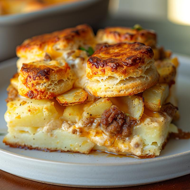 A close-up of a slice of apple dump cake on a light grey plate, showing its soft texture.