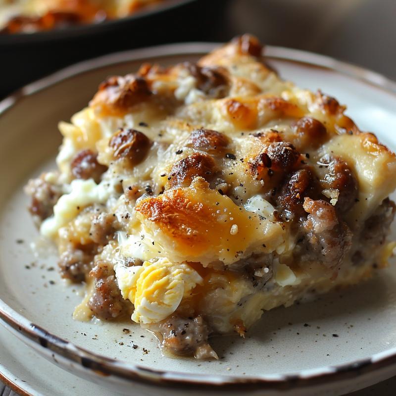 Close-up of a cheesy hashbrown potato casserole with a golden, crispy top on a wooden board.