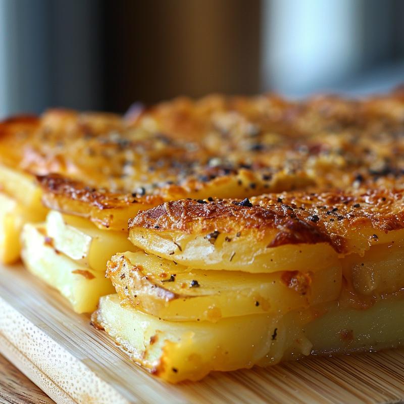Close-up of a portion of crack breakfast casserole on a light wood board, showcasing its texture and layers.