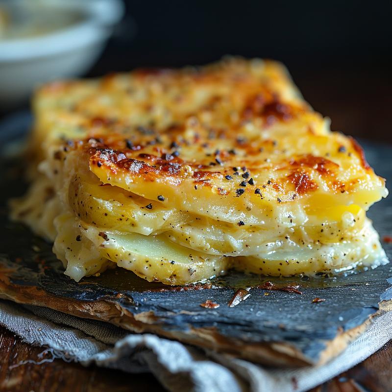 Close-up of creamy roasted garlic potatoes au gratin served on a rustic chipped slate plate.