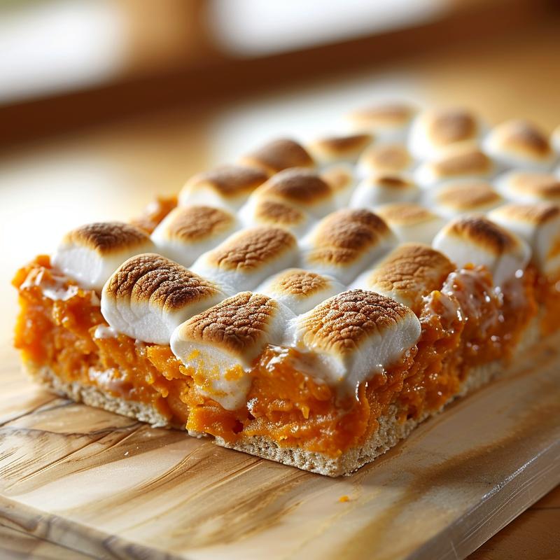 Close-up of a creamy sweet potato casserole topped with toasted marshmallows on a light wood board.