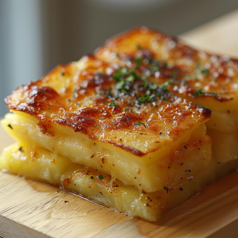 Close-up of a delicious serving of crack breakfast casserole on a light grey ceramic plate.