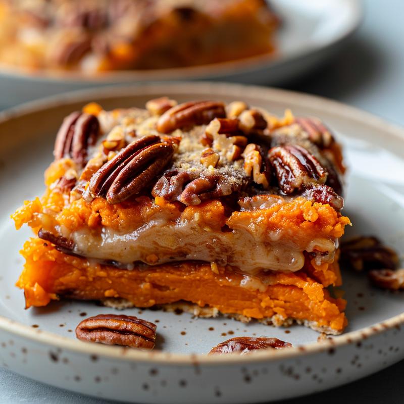 Close-up of a creamy sweet potato casserole with a crunchy pecan topping on a light grey plate.