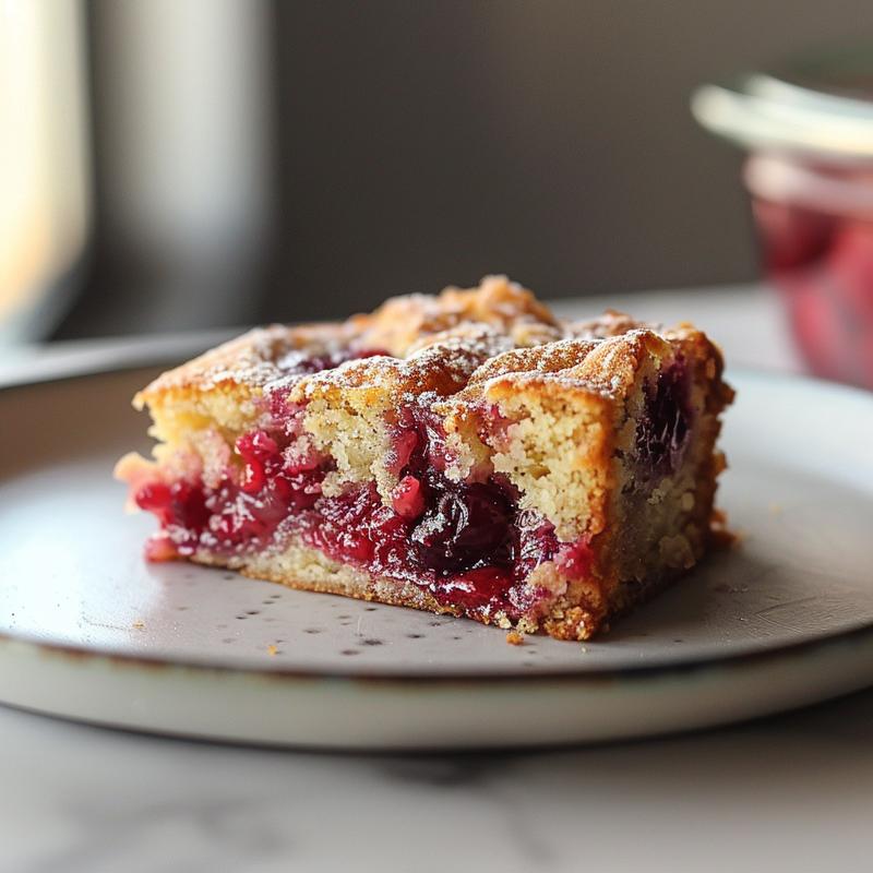 Close-up of a slice of cherry dump cake on a white marble plate, showcasing its texture and color.