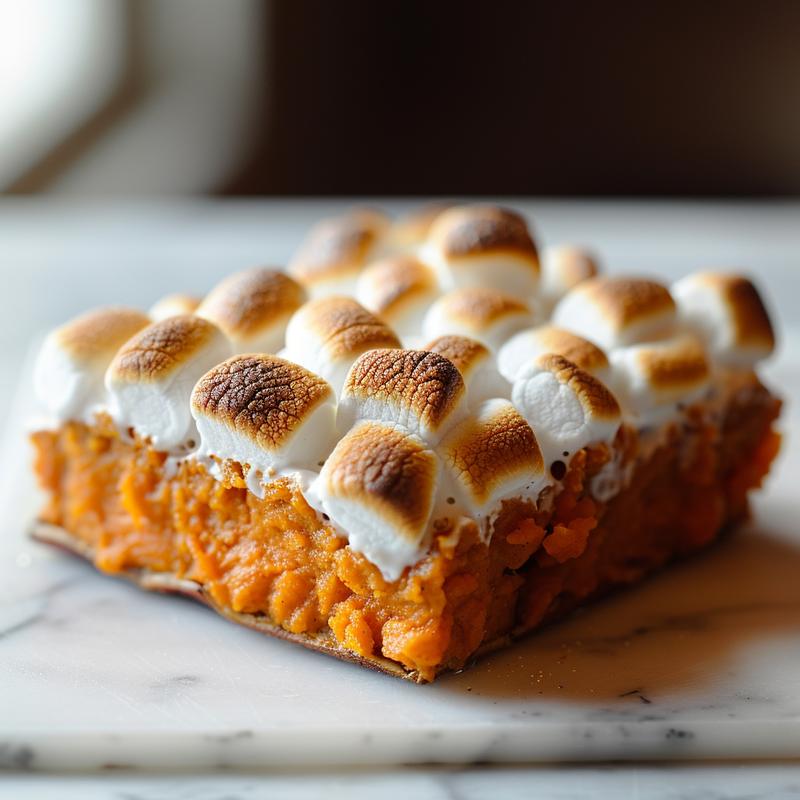 Close-up view of a creamy sweet potato casserole topped with crunchy pecans on a wooden board.