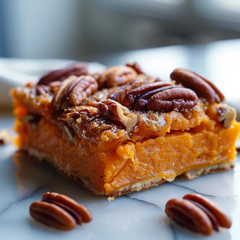 Close-up of a delicious sweet potato casserole with pecan topping on a rustic wooden board.