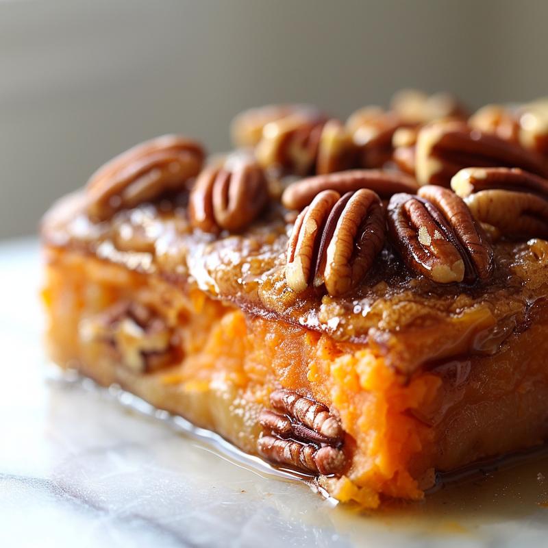 A close-up view of sweet potato casserole topped with crunchy pecans on a white marble surface.
