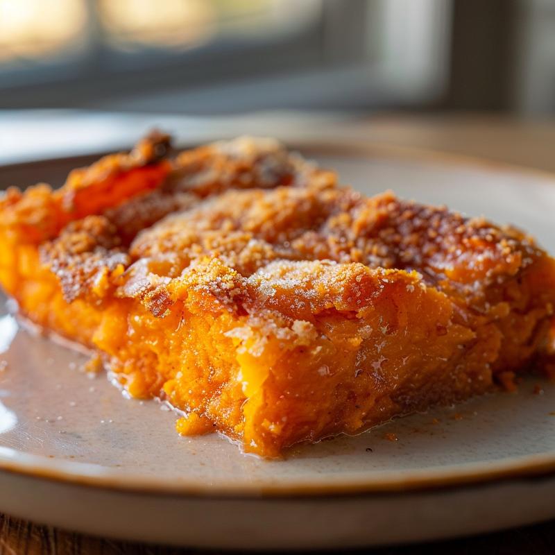 A close-up view of a delicious sweet potato casserole served on a light wood board.