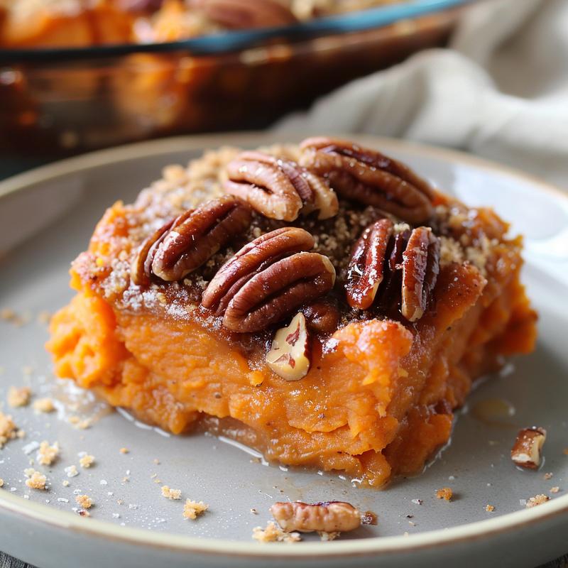 A close-up of a slice of pumpkin dump cake on a plate, showcasing its texture and layers.