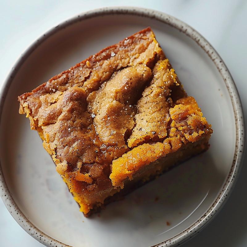 Close-up of a creamy sweet potato casserole topped with a golden brown layer, served on a white marble surface.