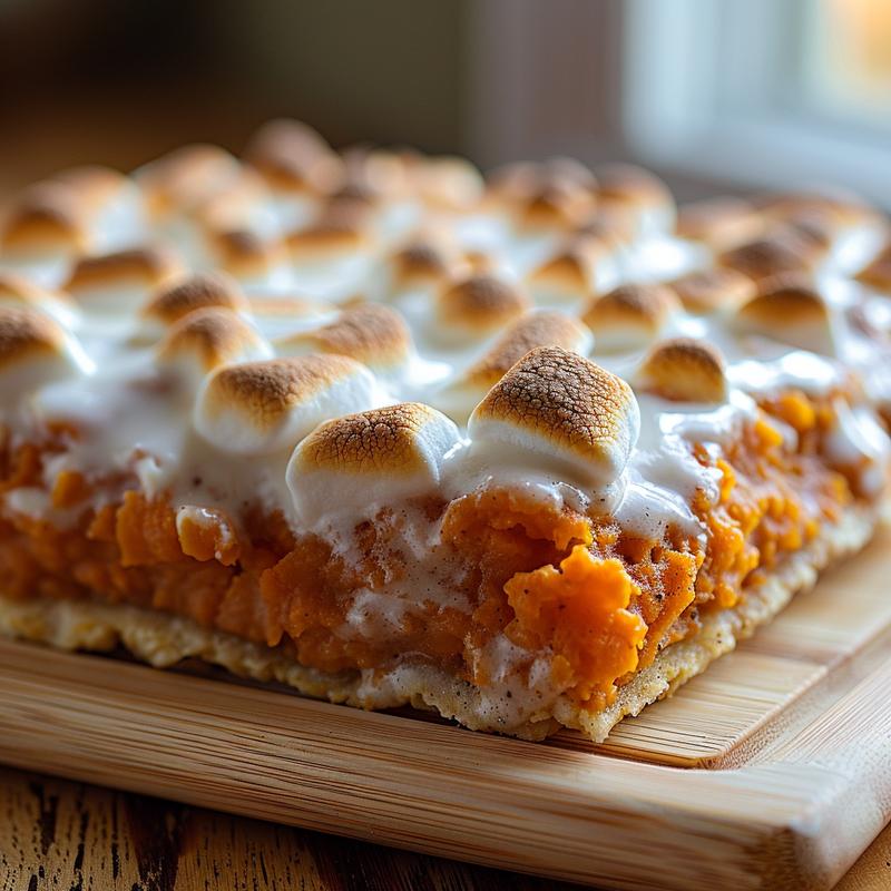Close-up of a creamy sweet potato casserole on a white marble surface.