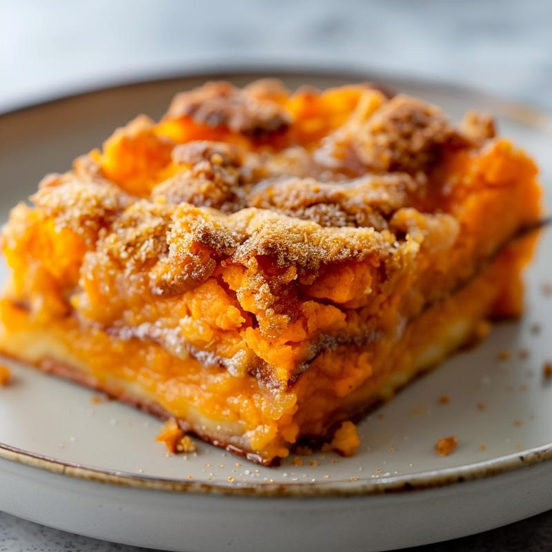 Close-up of a savory sweet potato casserole featuring canned yams, showcasing rich textures and creamy topping on a marble surface.
