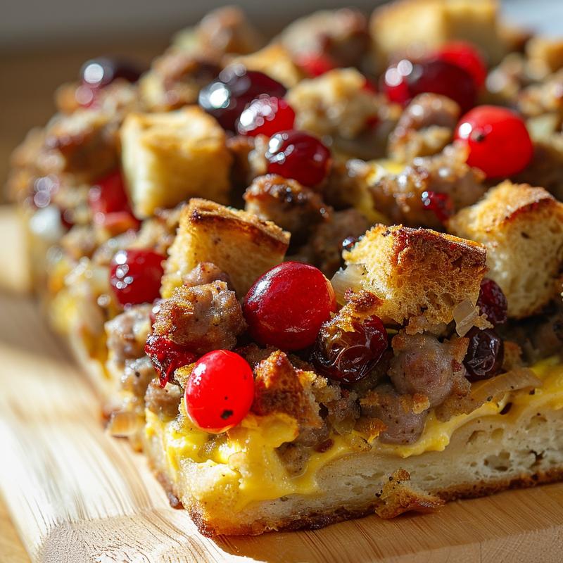 Close-up of a cheesy sausage and egg breakfast casserole on a light grey plate.