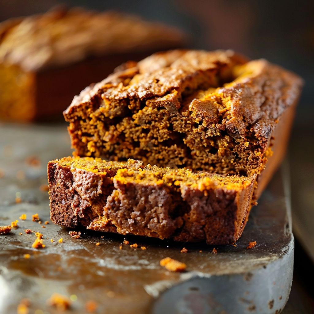 Close-up of moist pumpkin bread topped with brown sugar pecans on a rustic wooden table.