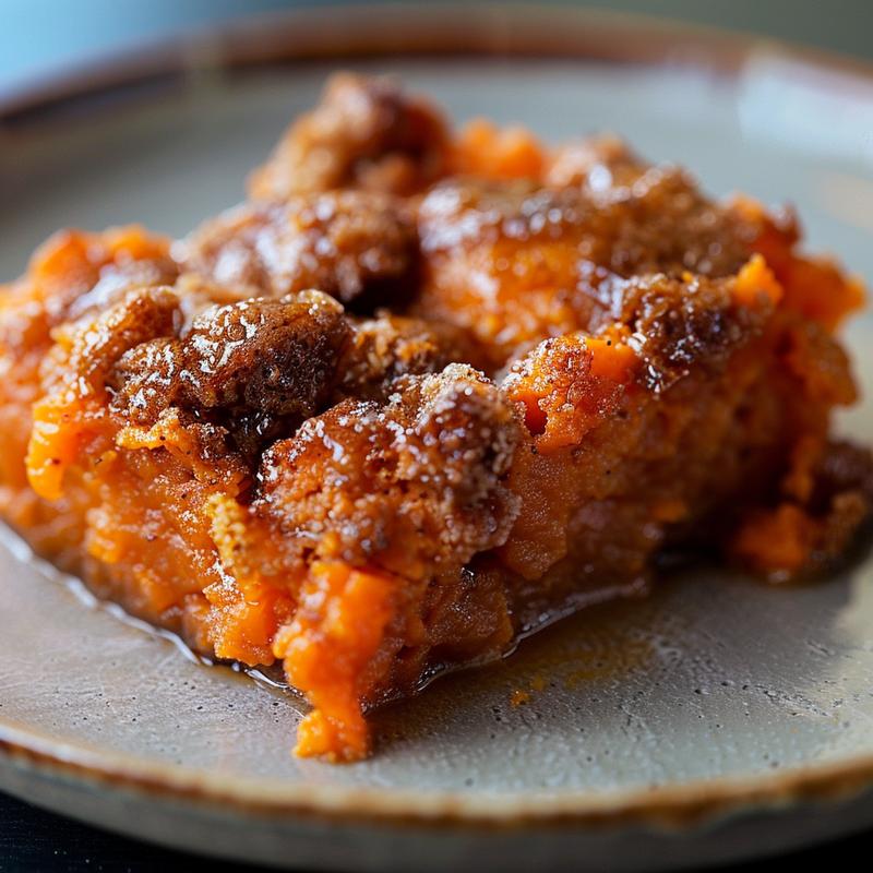 Close-up of a serving of breakfast casserole on a light grey ceramic plate.