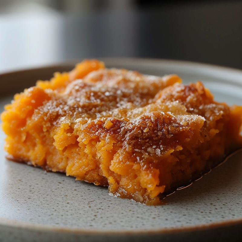 A close-up view of a golden-brown sweet potato casserole with a crispy topping, placed on a white marble surface.