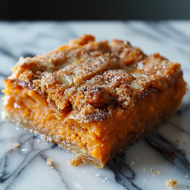 A close-up of sweet potato casserole topped with a crunchy pecan streusel on a light wood board.