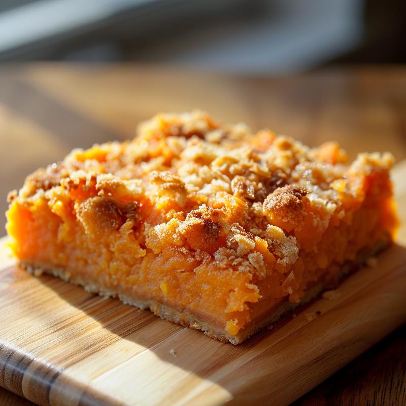 A close-up of a slice of cherry dump cake on a wooden surface, showcasing its texture and layers.