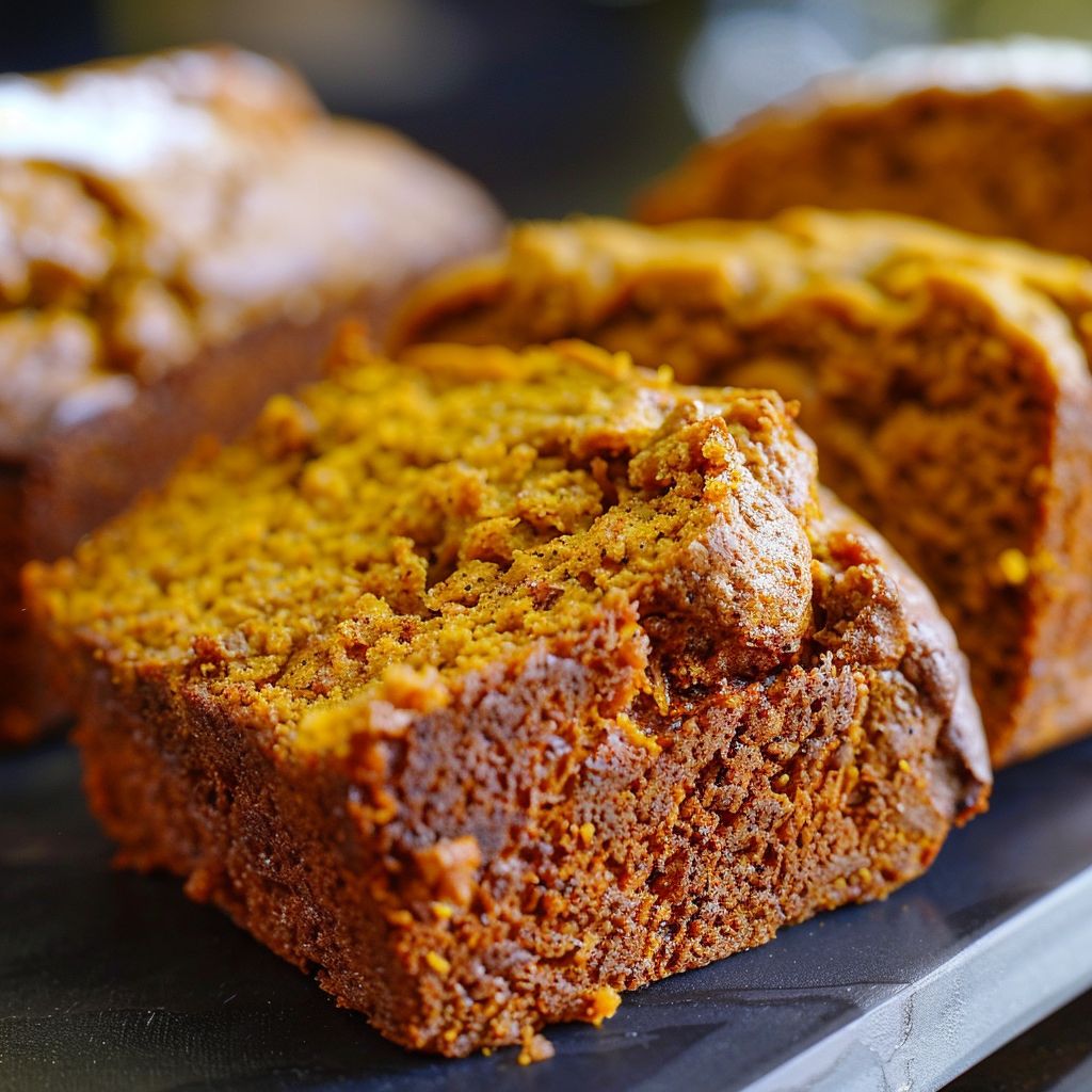 A close-up view of moist pumpkin bread topped with a brown sugar pecan crumble on a wooden cutting board.