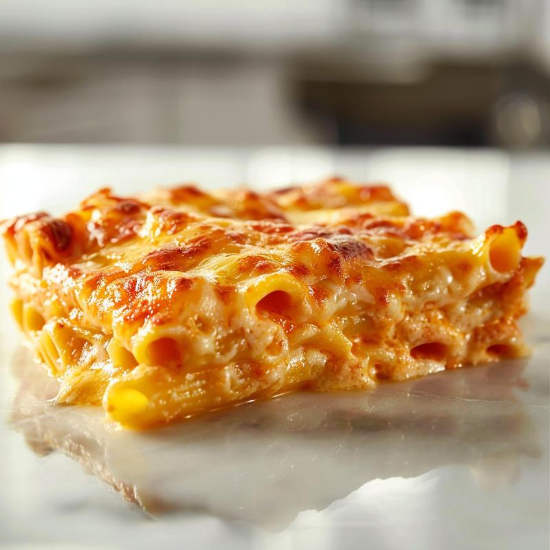 Close-up of cheesy baked penne pasta on a marble surface.