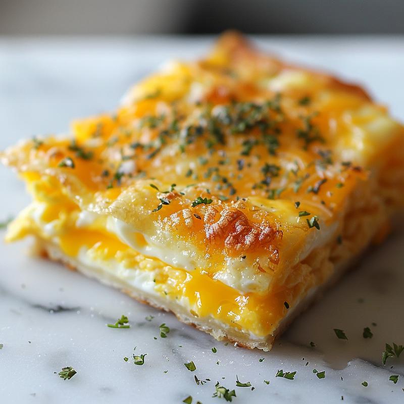 Close-up of a cheesy egg bake with a golden crust on a white marble surface.