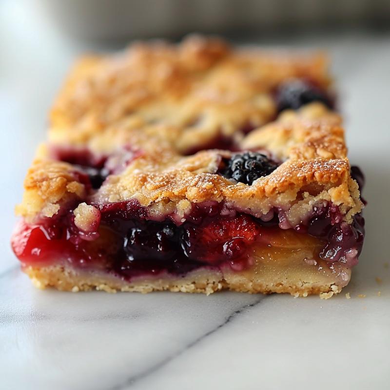 Close-up view of a warm mixed berry cobbler on a white marble surface, showcasing juicy berries and a golden crust.