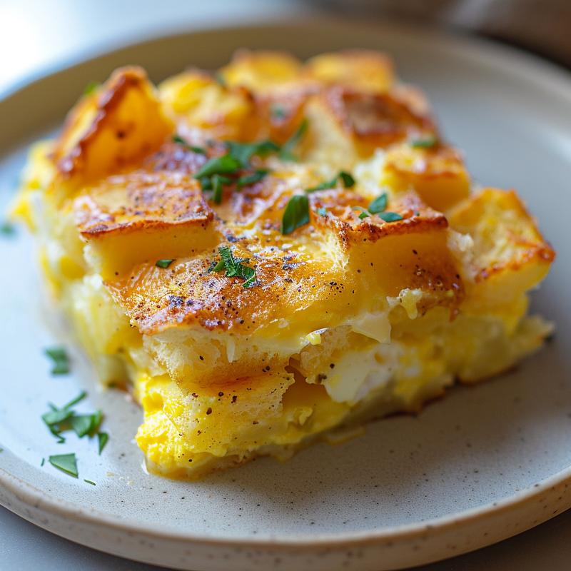 Close-up of a portion of egg bake casserole on a light grey ceramic plate.