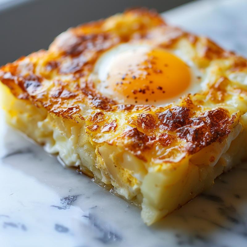 Close-up of a golden, crispy hashbrown egg bake on a white marble surface.