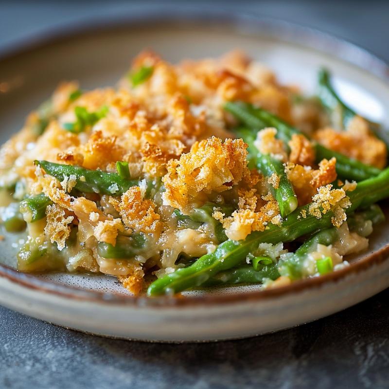 Close-up shot of a homemade green bean casserole on a light grey plate.