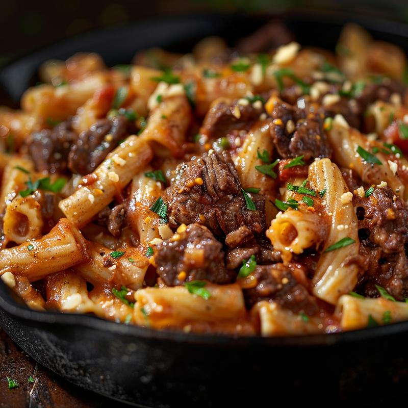 Close-up of a beef and pasta casserole on a cast iron surface, showcasing rich textures and colors.
