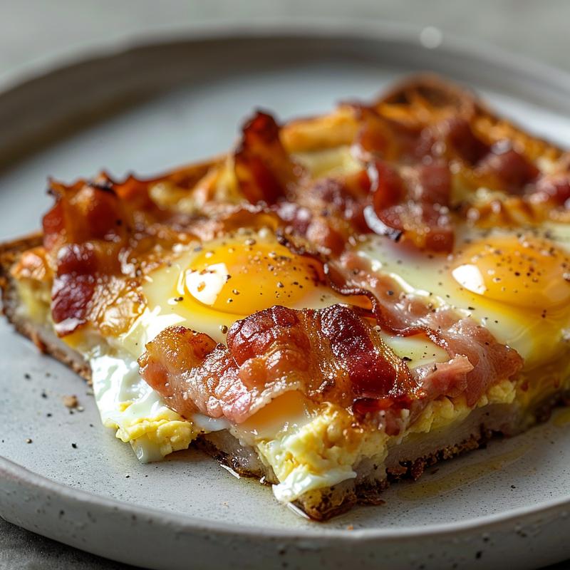 Close-up of a slice of bacon, egg, and cheese bake on a light grey ceramic plate.