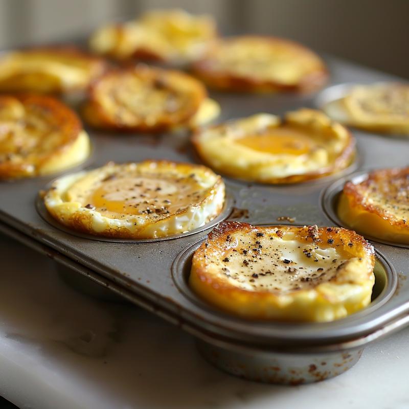 Close-up of oven-baked egg bites in a muffin tin on a white marble surface.