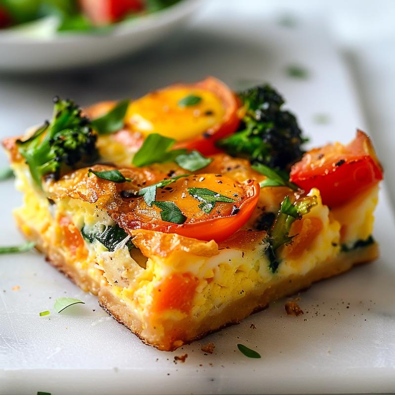Close-up of a slice of high-protein veggie egg bake on a white marble surface.