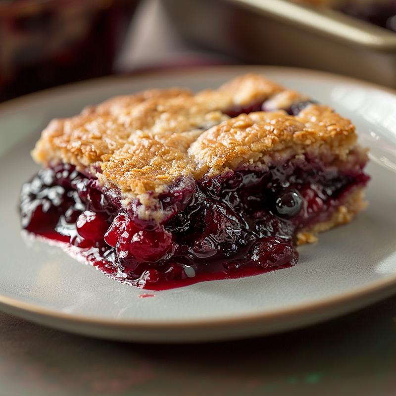 A close-up shot of a berry cobbler on a light grey plate with a golden crust and vibrant berry filling.