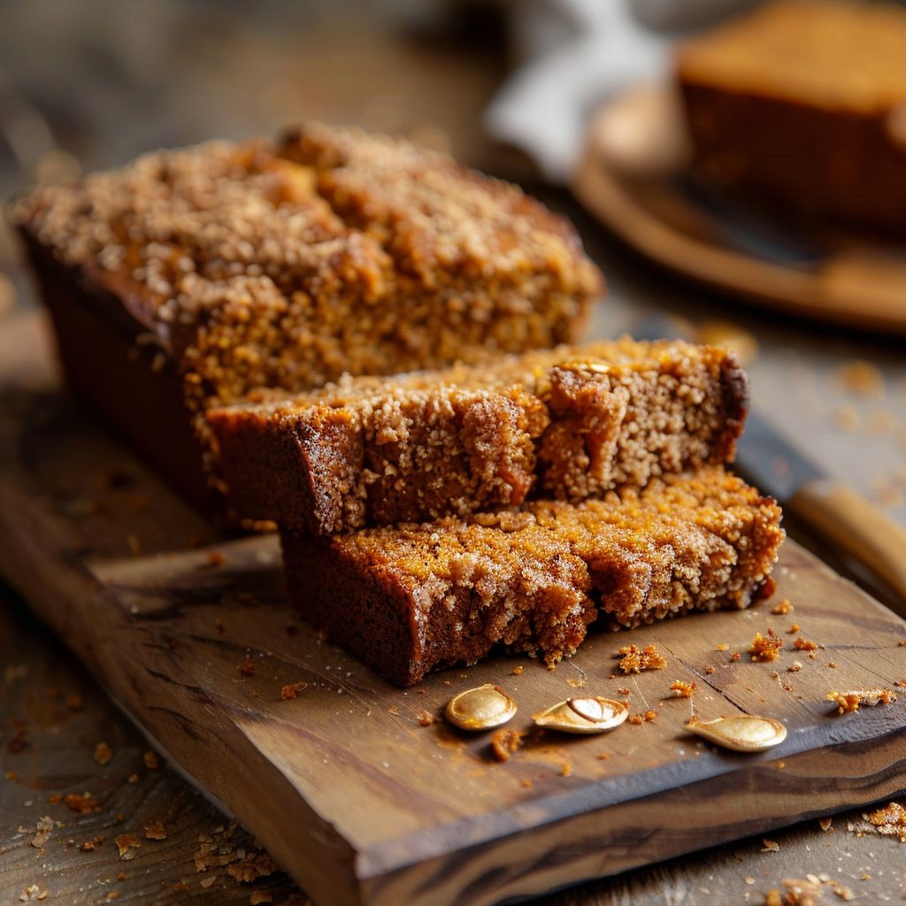 A slice of moist pumpkin bread topped with brown sugar and pecans.
