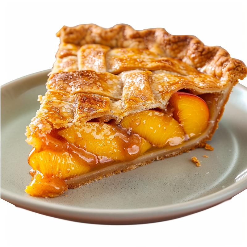 A close-up of a slice of peach cobbler dessert on a light grey ceramic plate, highlighting the golden crust and juicy peach filling.