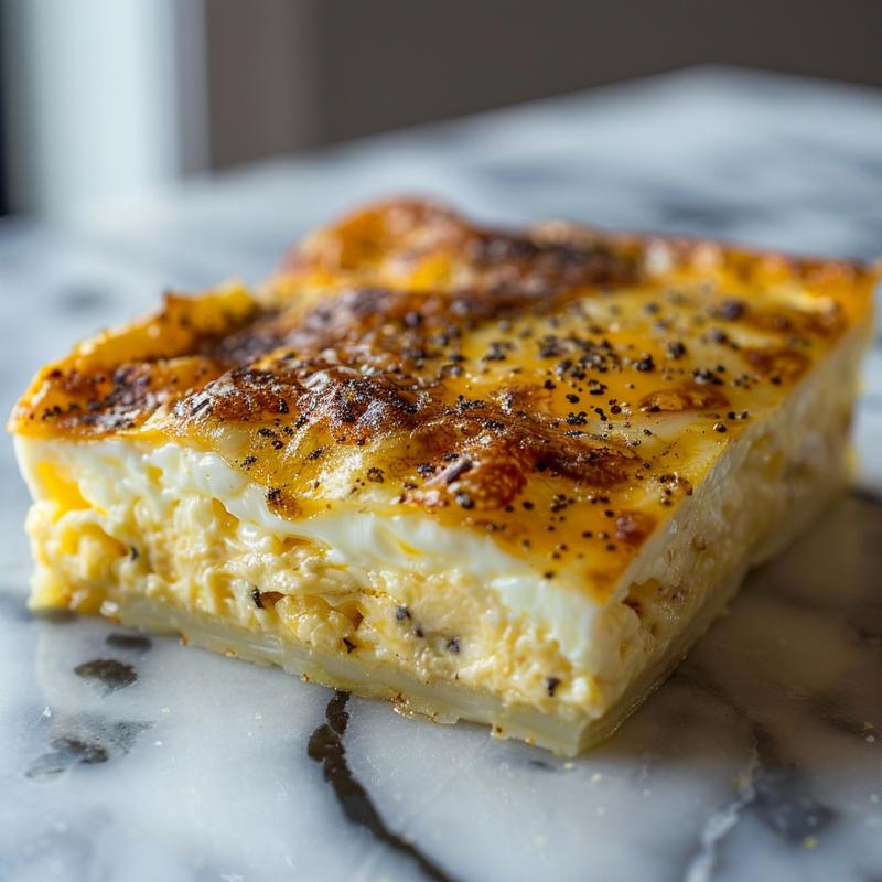 Close-up view of a slice of cottage cheese egg bake casserole with a creamy texture on a marble surface.