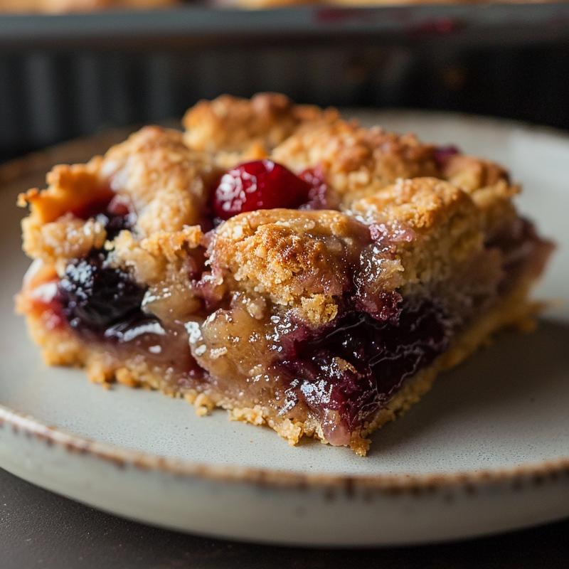 Close-up of a portion of bisquick cobbler on a light grey ceramic plate, showcasing its texture.