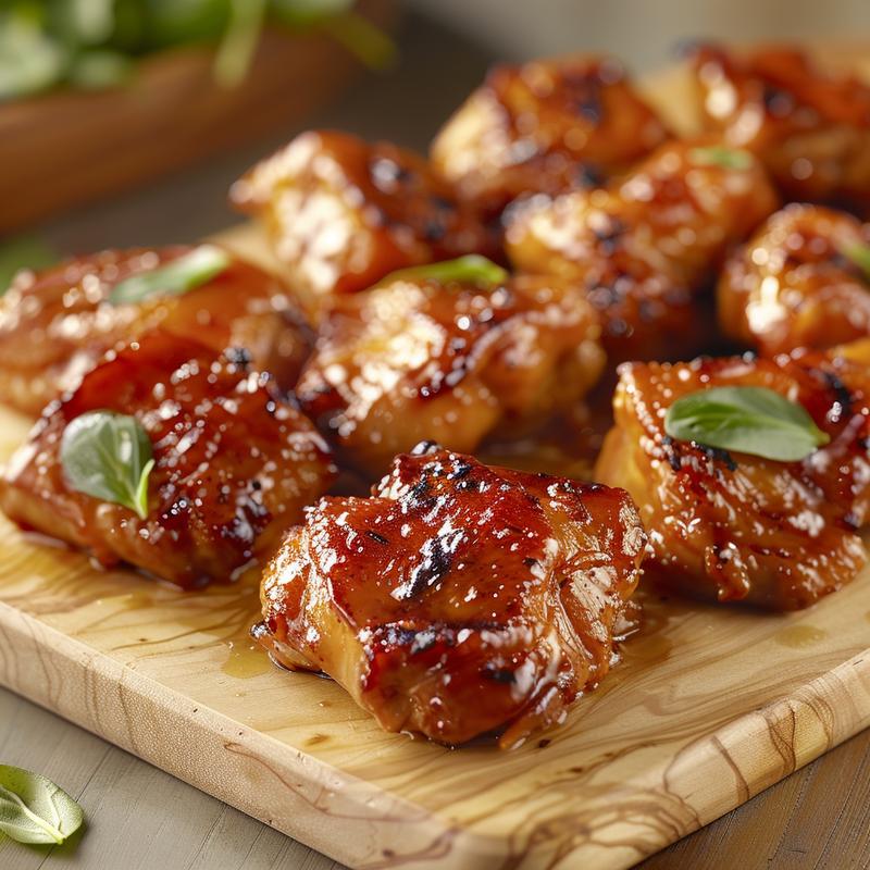 Close-up view of tender Sweet Hawaiian crockpot chicken on a natural wood board.