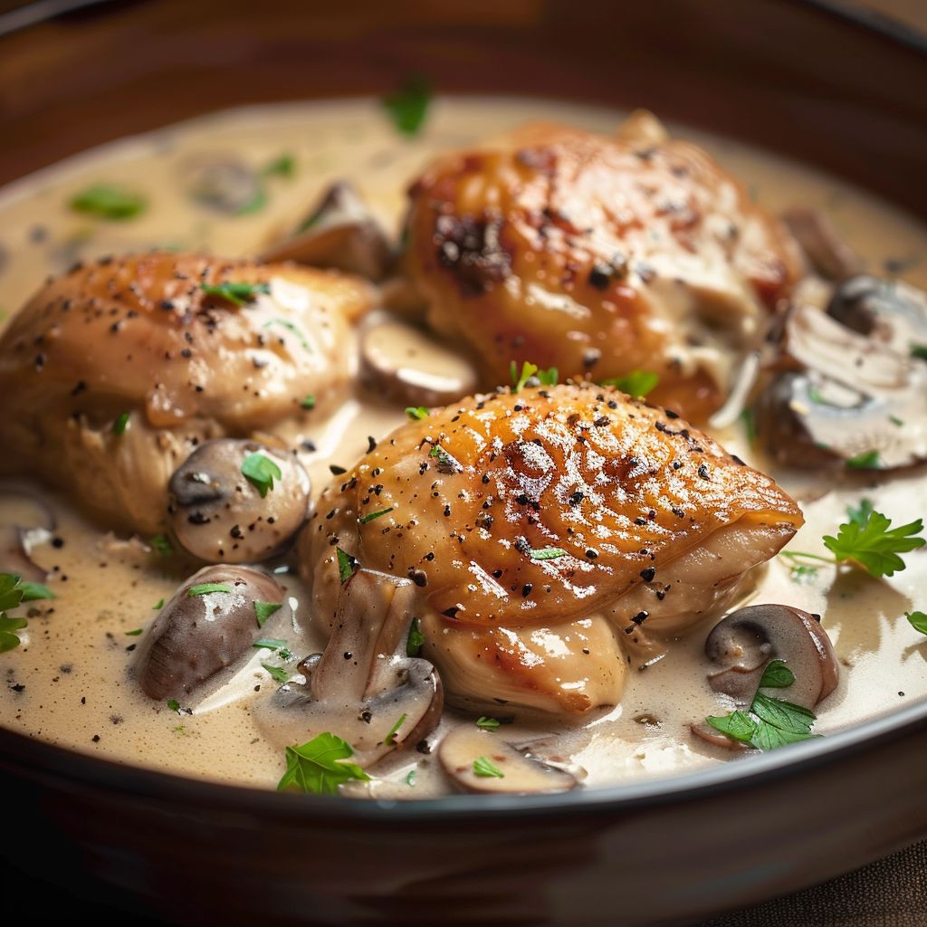 A plate of creamy mushroom chicken garnished with herbs, served with mashed potatoes.