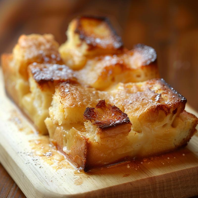 Close-up of a rich and creamy bread pudding on a wooden board.