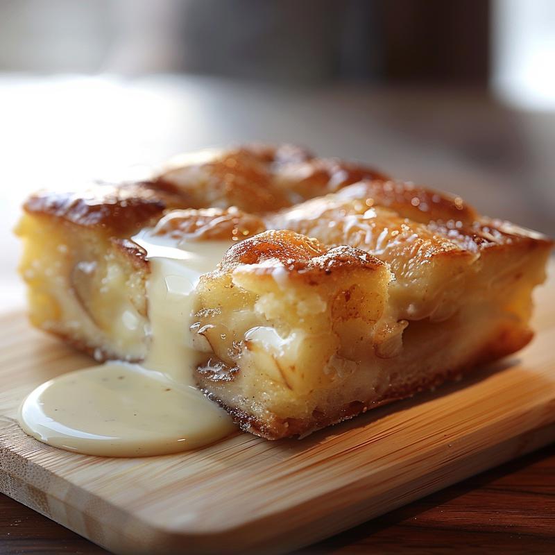 Close-up of a creamy bread pudding topped with smooth vanilla sauce on a light wood board.