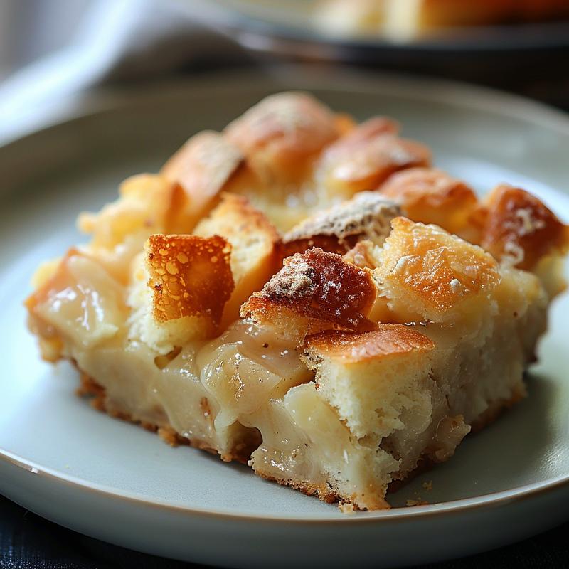 Close-up view of a portion of corn casserole on a light grey ceramic plate, showcasing texture and color.