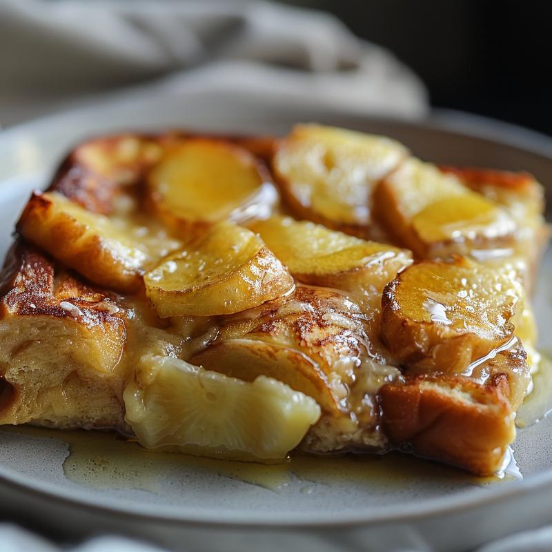 Close-up shot of a serving of baked French toast casserole on a light grey plate, showcasing its texture.