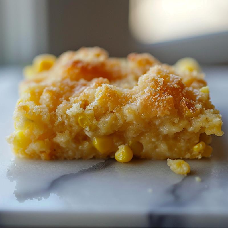 Close-up image of a creamy corn casserole served on a white marble surface.