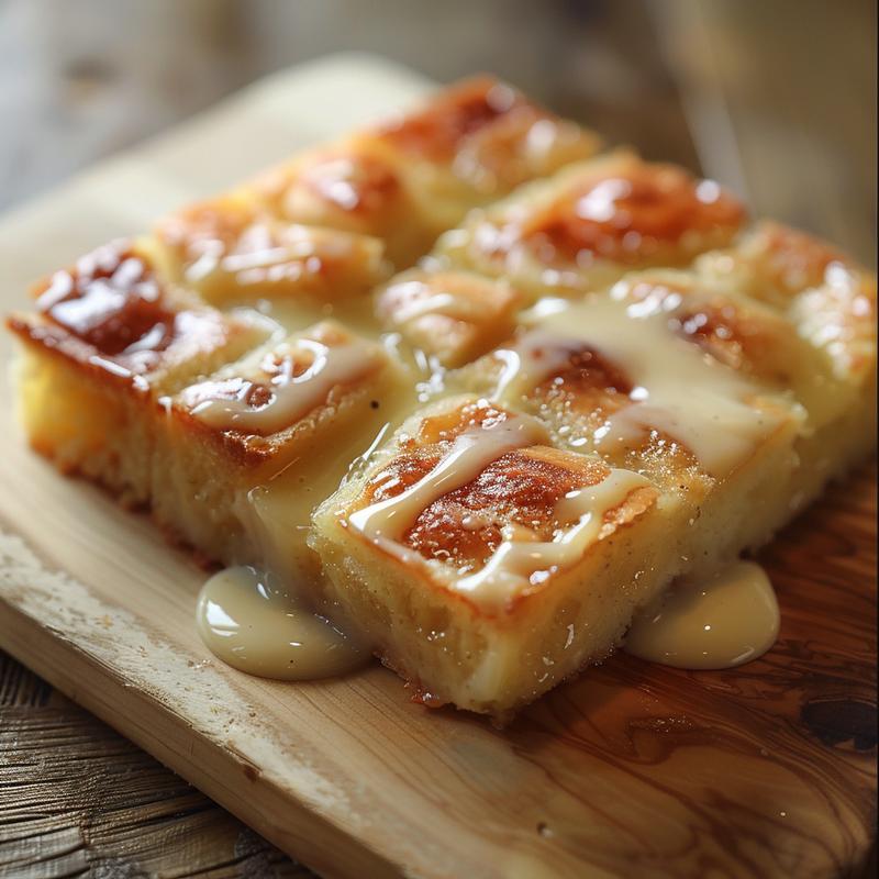 Close-up of warm bread pudding with a creamy vanilla sauce drizzled on top, presented on a light wood board.