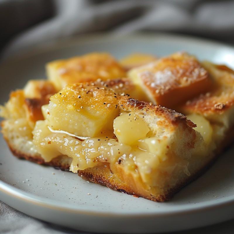 Close-up view of a creamy portion of condensed milk bread pudding on a light grey plate.