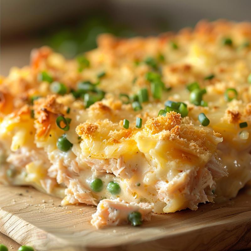 A close-up view of a delicious portion of high protein tuna casserole on a light wood board.