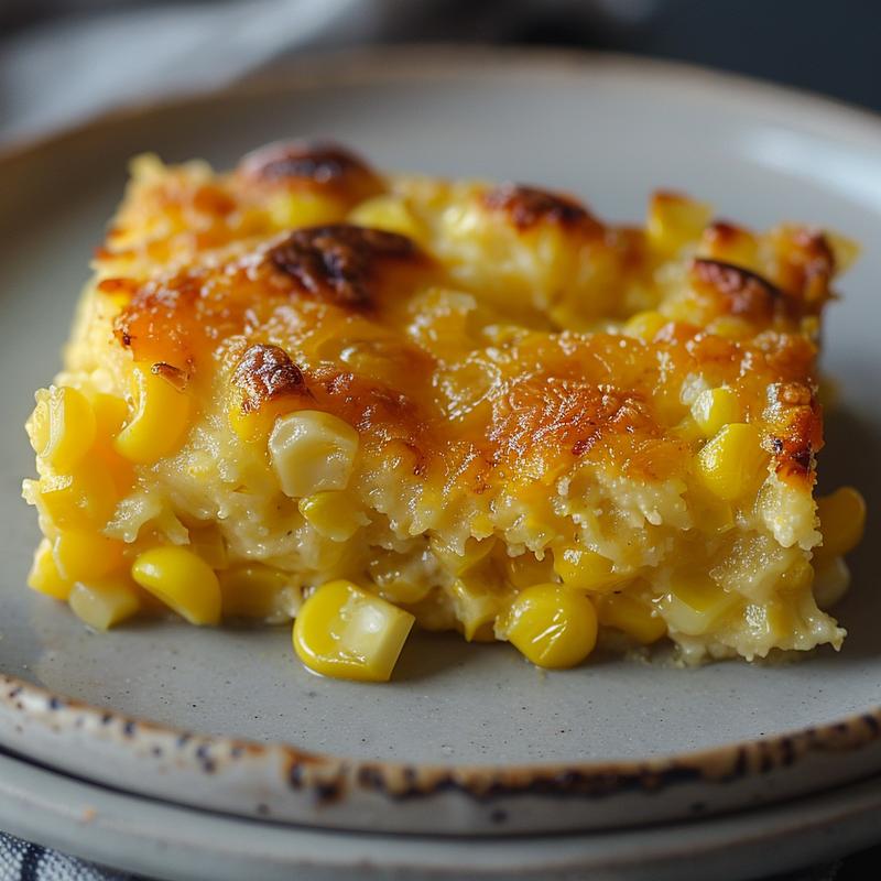 Extreme close-up of a creamy baked French toast casserole on a light grey plate, showcasing its texture.